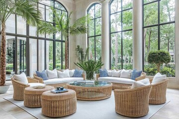 Sunlit conservatory with a large, curved wicker sectional sofa, round glass coffee table, and numerous wicker ottomans, surrounded by potted palms and topiaries, 