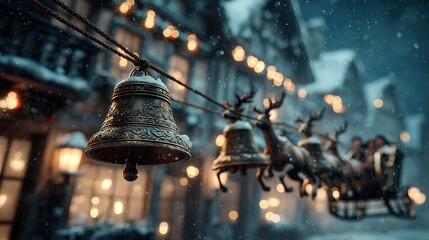Two strings of vintage bronze bells with carved patterns and top snow hanging on ropes against a snowy town background with warm house windows, blurred reindeer pulling sleigh and falling snowflakes