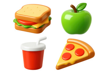 Four Colorful 3D Rendered Food Items Including Pizza Sandwich Apple and Drink against Transparent Background