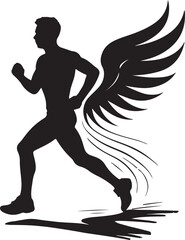 Black silhouette of a male runner with large feathered wings and motion lines running man silhouette