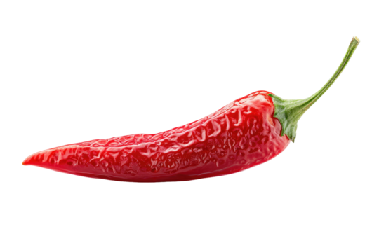 Single, vibrant red chili pepper, slightly wrinkled skin, against black background