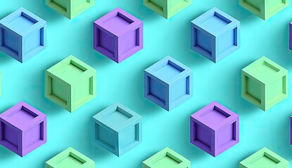 Obraz premium A vibrant pattern of pastel-colored, 3D cube-shaped containers arranged in a geometric design against a light teal background.