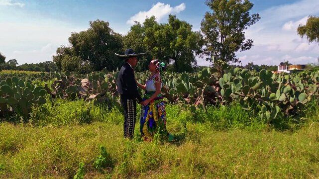 Mexican couple in traditional charro and folkloric dress walking among nopales