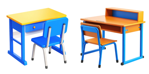 3D Plastic Style School Desk And Chair With Blue Orange And Yellow Colors Isolated On Transparent Background