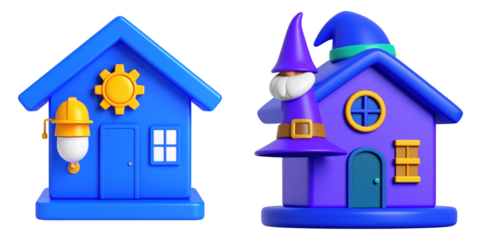 3D Plastic Style Smart Home Setup Wizard Icons In Blue And Purple Color Scheme With Technological Symbols Isolated