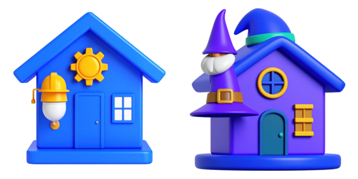 3D Plastic Style Smart Home Setup Wizard Icons In Blue And Purple Color Scheme With Technological Symbols Isolated