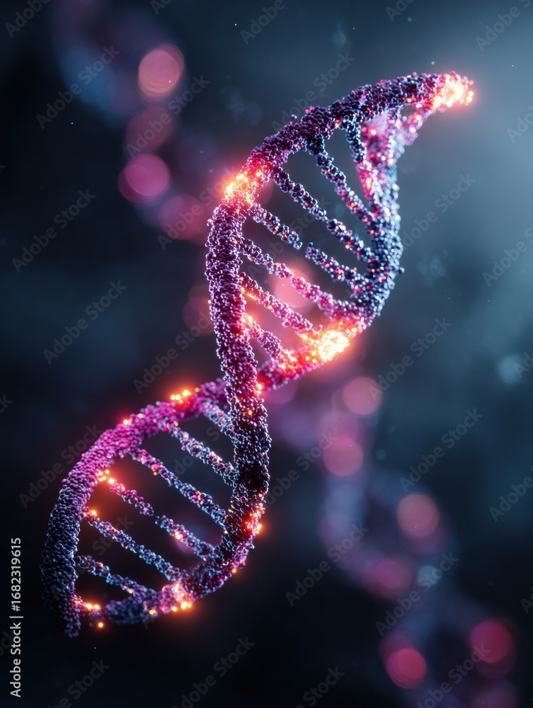 Poster complex structure of dna displaying a vibrant and luminous design in a scientific visualization repr