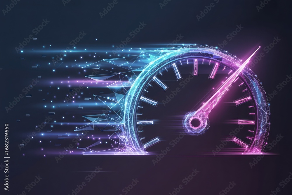Poster futuristic speedometer glowing neon lights showing high performance and fast data transfer concept