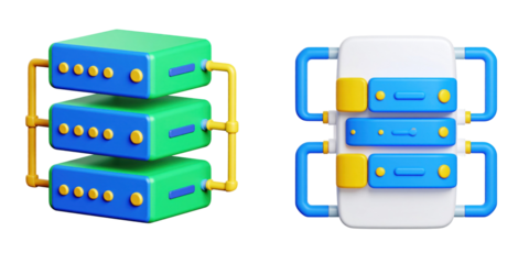 3D Plastic Style Illustration of a Server Icon Depicting Network Data Information Technology in Green Blue and Yellow Isolated on Transparent Background