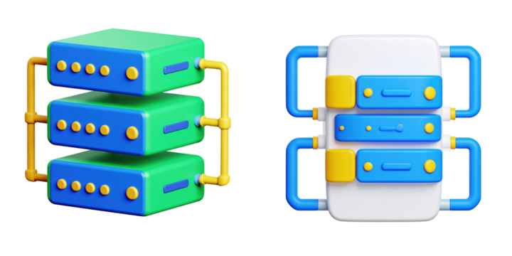 3D Plastic Style Illustration of a Server Icon Depicting Network Data Information Technology in Green Blue and Yellow Isolated on Transparent Background