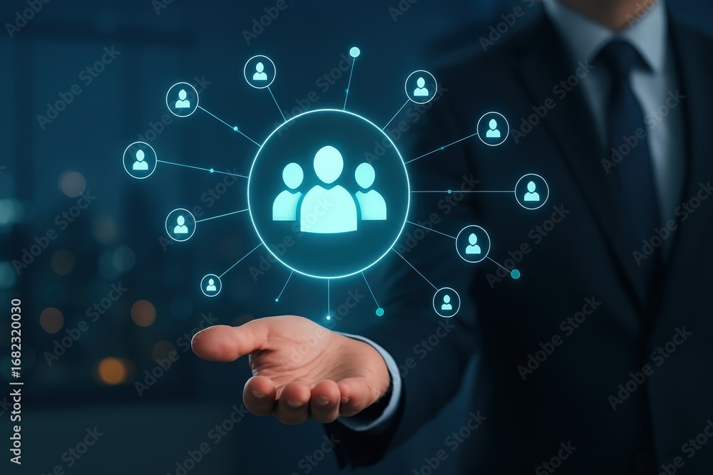 Poster a hand displays a network of interconnected user profiles, highlighting the concept of a social grou