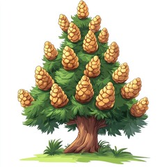 Vector illustration of pine cones on white background with green needles and brown cones in a nature forest setting