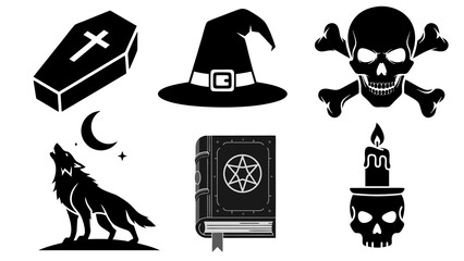 3. Set of Halloween-Themed Icons Featuring Skulls, Witch Hat, and Wolf