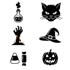 Stylized Halloween Icons Featuring Witch Hat, Black Cat, Pumpkin, and More Elements