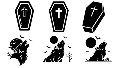 Silhouetted Halloween Designs Featuring Coffins and Wolves in a Spooky Night