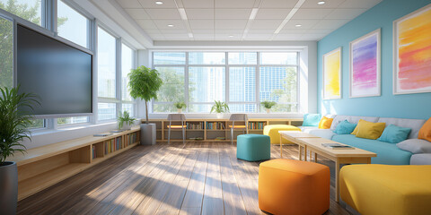 Bright open living room space features contemporary furniture and large windows overlooking.