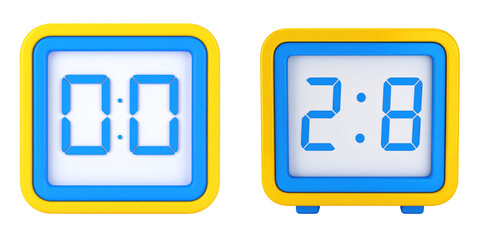3D Plastic Style Digital Clock Icons Displaying Time On Transparent Background With Blue Digits And Yellow Casing