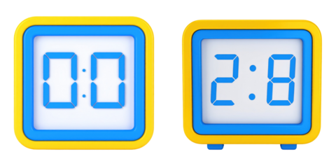 3D Plastic Style Digital Clock Icons Displaying Time On Transparent Background With Blue Digits And Yellow Casing
