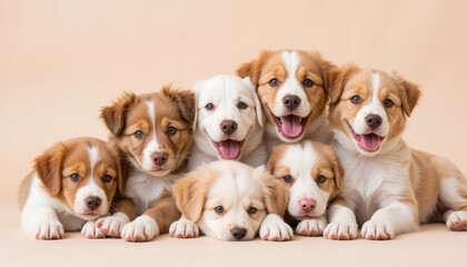Group of cute puppies lying together and smiling on pastel background  