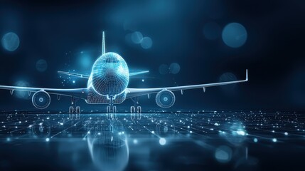Obraz premium logistic plane sky concept. Futuristic airplane design with digital elements and a glowing background.