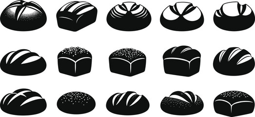 Set of bread silhouettes, black vector bakery icons, various loaf and bun illustrations, fresh baked goods, artisan bread clipart