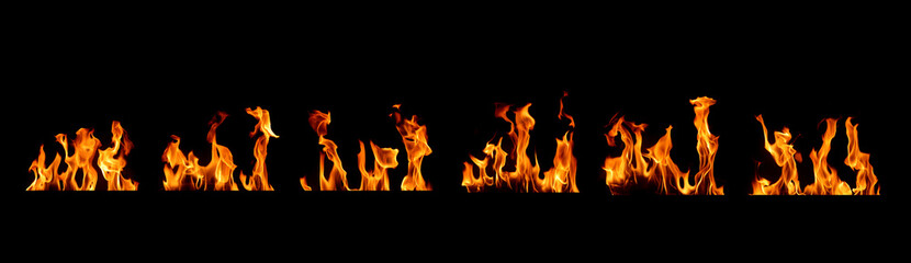 Realistic flames isolated on black background, perfect fire texture for design, burning effect,...