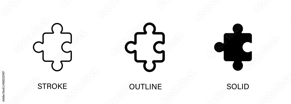Poster puzzle piece icons for solutions, thinking and problem solving. vector line and solid icons.