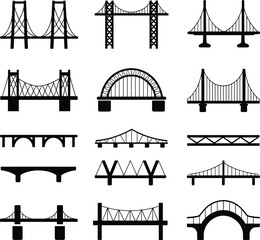 Suspension bridge, arch bridge, truss bridge, beam bridge, cable stayed bridge, silhouette, architecture, engineering, construction, infrastructure, bridge icons, flat vector illustration