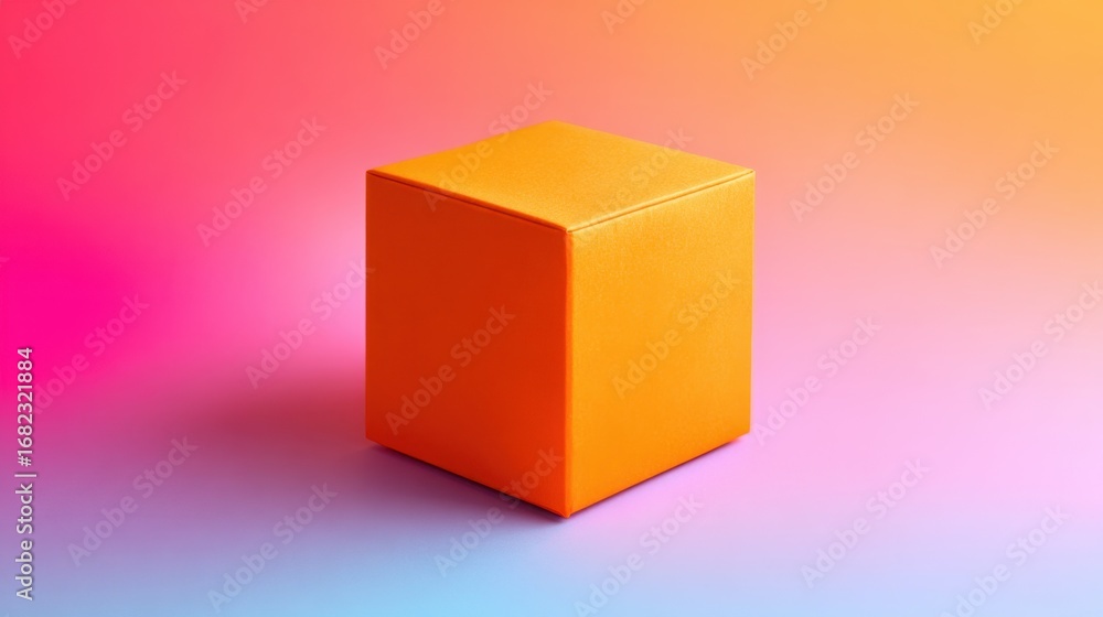 Poster bright orange cube on colorful gradient background for modern design
