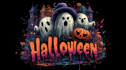 Gothic Halloween T-shirt Illustration with Ghosts