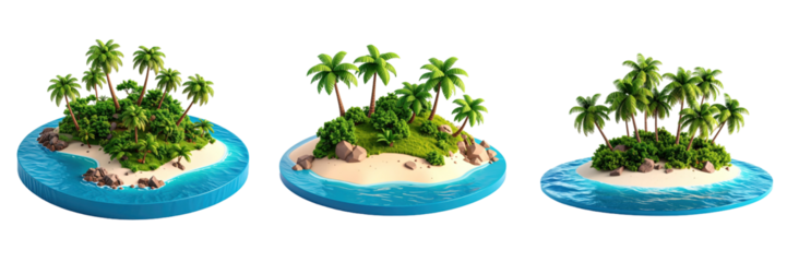 Three Tropical Island Icons In 3D Plastic Style Set Against White Background Depicting Palm Trees Sandy Beaches And Azure Water With Lush Green Foliage