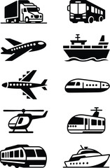 Cargo truck, city bus, airplane, cargo ship, high speed train, helicopter, monorail, passenger train, yacht, transportation icons, flat vector illustration