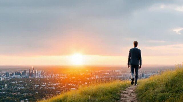 A Man&rsquo;s Solitary Journey: A silhouette of a man walks into the sunset on the top of the hills. It represents courage, ambition, self-awareness and the ability to walk alone.