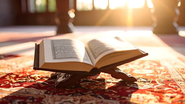 Open book lit by sunlight on wooden stand and detailed rug