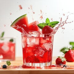 Fresh, cold strawberry fruit cocktail in a glass with ice and mint on a white background
