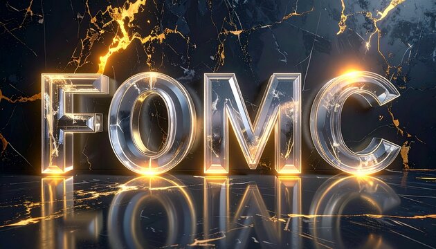 Federal open market committee crystal letters with golden reflections on marble background