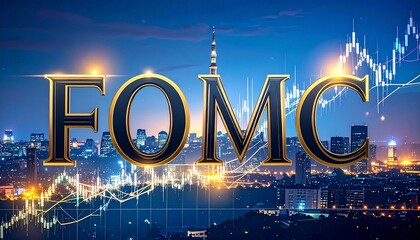 Elegant typography fomc black letters with golden outline stock market cityscape backdrop