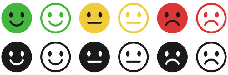 Fototapeta premium happy and sad emoji, feedback rating emoticons - smiley face icon set : positive and negative emojis with red and green colors for customer satisfaction rating