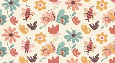 Whimsical Floral Pattern with Bees Butterflies and Flowers.