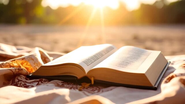 Open book with bright sunlight illuminating pages on textured surface