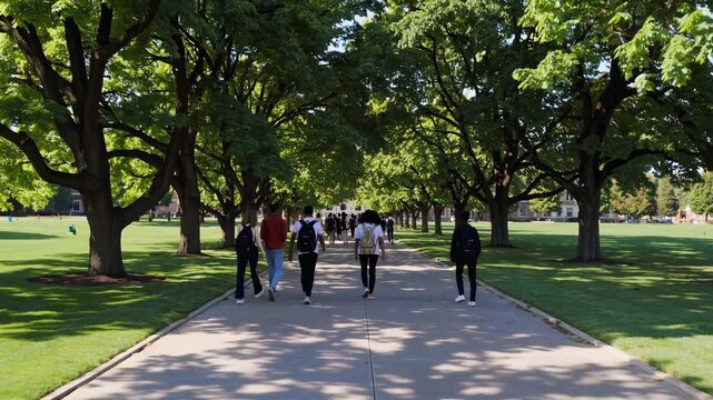 Students walk together on a sunny campus path lined with trees during the afternoon