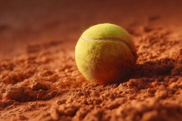 Tennis ball on clay court in warm light.