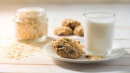Warm Milk with Chewy Oatmeal Cookies and Rolled Oats on Light Wooden Table 