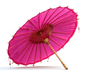Vibrant pink Asian parasol with bamboo handle, elegantly unfurled on white background