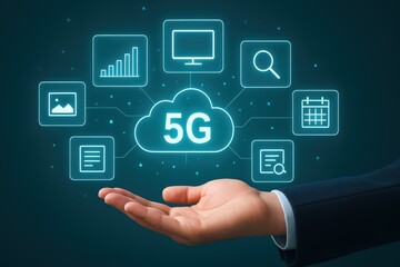 A hand holds a digital display of 5G technology, illustrating various connected applications like image sharing, document management, and scheduling, all within a cloud network.