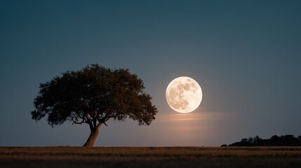 Fototapeta premium Large bright full moon rising over silhouetted field with solitary tree on left against twilight sky