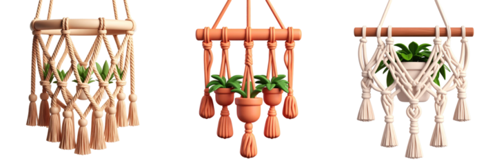 Three Dimensional Plastic Style Macrame Plant Hangers with Green Plants and Neutral Beige and Terracotta Colors Isolated on Transparent Background