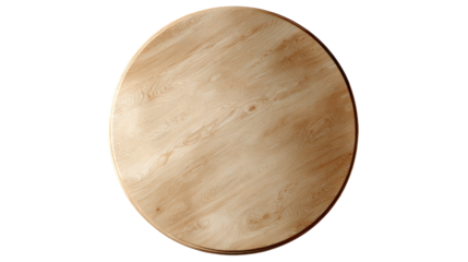 Top view of a round light beige wooden table top.  Smooth, even grain