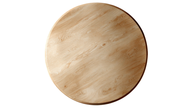 Top view of a round light beige wooden table top.  Smooth, even grain