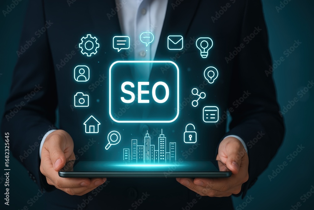 Poster a person holds a tablet displaying a digital representation of seo with various related technology i